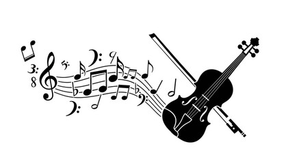 hand-drawn violin with musical notes and treble clef sketch on white background © Mas