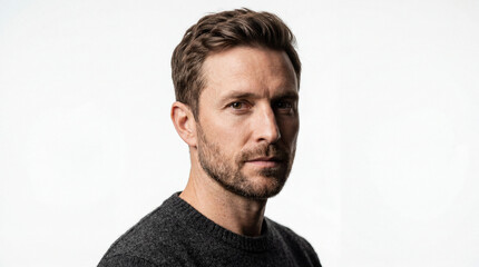 Obraz premium Close-up Studio Portrait of a Confident Middle-Aged Caucasian Man with Short Beard and Brown Hair Wearing a Grey Knit Sweater on White Background