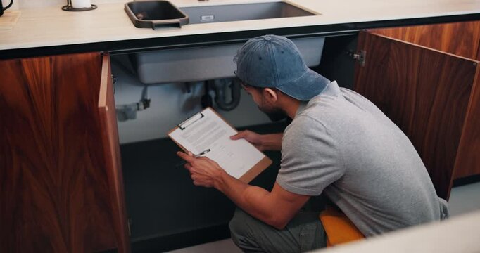 Plumber, writing and man with clipboard in kitchen, check leak and damage inspection of water system. Handyman, home repair and pipe improvement with info, notes and quality assurance with checklist