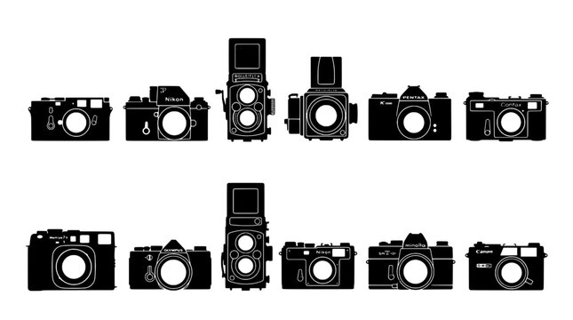 Camera icons collection with retro DSLR, film camera silhouettes, and shutter lens details in clean black vector style