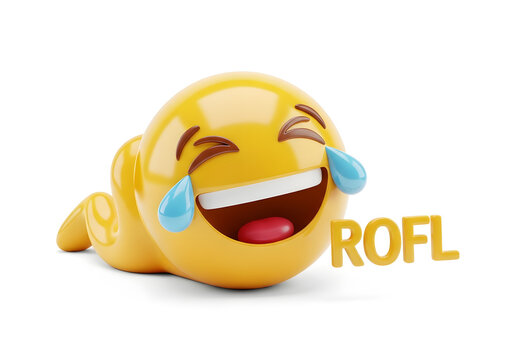 3D yellow emoji laughing with tears of joy and ROFL text on white background