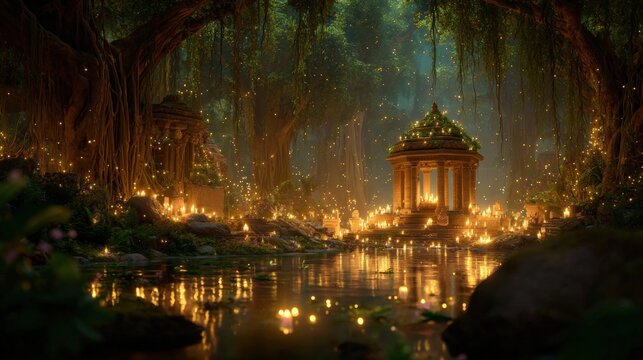 Maya Aztec civilization, Mexico culture. Mysterious, fantasy. A vivid portrayal of a mystical forest at night. The main subject is a grand, ornate gazebo with intricate carvings and a dome.