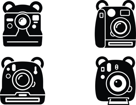 Cute Bear Ears Instant Camera SVG Set, Retro Polaroid Camera Silhouette Bundle, Kawaii Photography Vector Clipart for Crafting