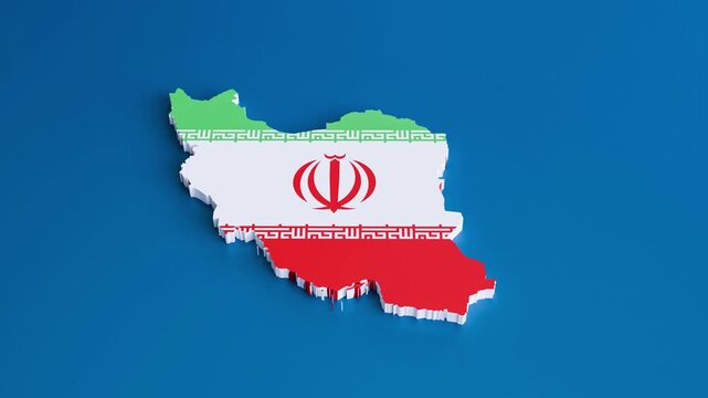 Iran 3D Flag Map Zoom Out Camera Animation on Blue Background &mdash; 4K 3D Video Animation of Iranian National Flag Texture on Geographic Map Model for Political, Nuclear Deal, Sanctions and Editorial News