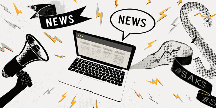 News announcement collage with laptop megaphone and ribbon banners