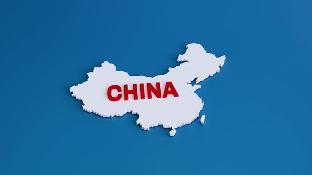China 3D White Map Zoom Out Camera Animation with Red Text Label on Blue Background &mdash; 4K 3D Video Animation of Chinese Geographic Map Model for Political, Trade War, Business and Editorial News Motion