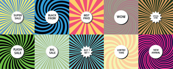 Naklejka premium Collection of colorful sale and discount advertisement templates with sunburst patterns