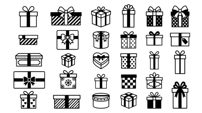 Gift boxes line icons set with bow ribbons, patterns, and wraps for holiday marketing and design accents