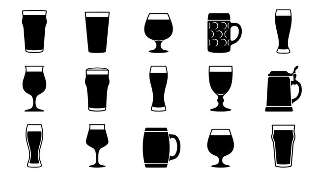 Glasses beer icon set with black silhouettes and various shapes featuring glassware, drinkware, barware with mugs and tankards elements for drink