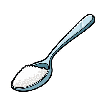 Metal spoon filled with white granulated sugar, isolated on white.
