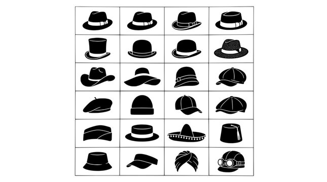 Hats icon set with multiple cowboy, fedora, beret, and visor styles in bold black silhouettes on a grid