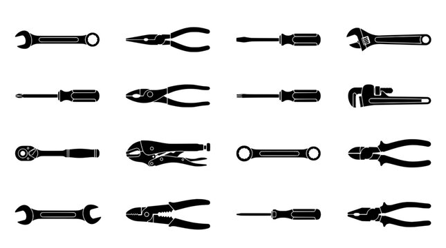 Knife tool silhouette set with tactical combat handles and crossed blade tools in flat monochrome icons