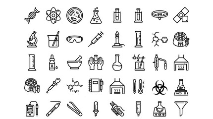 Naklejka premium Laboratory equipment icons set with beakers, flasks, test tubes, microscope, burners, and chemical symbols in thin line style