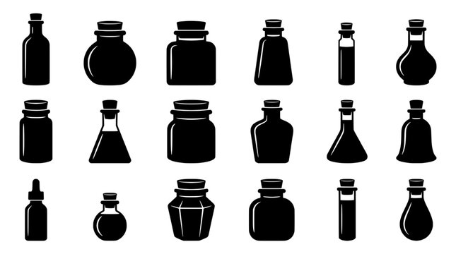 Perfume bottles icon set with solid black silhouette shapes for bathroom, vanity, and fragrance design concepts