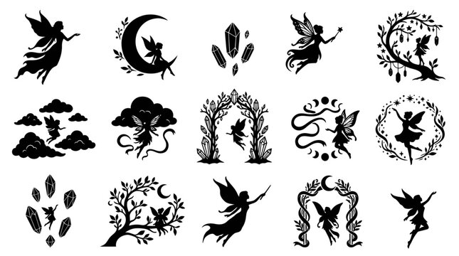 Fantasy Fairy Silhouettes Collection Vector Illustration Set with Moon, Crystals, Nature Elements  Mystical Glyphs