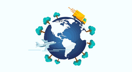 Naklejka premium Global logistics and international shipping concept with earth globe, delivery truck and airplane