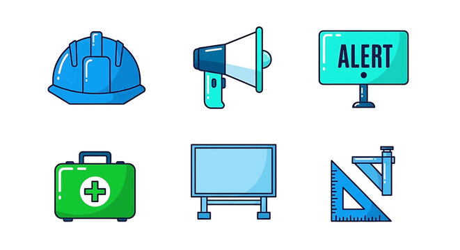 Set of construction and safety icons including hard hat, megaphone, alert sign, first aid kit, billboard, and drafting tools