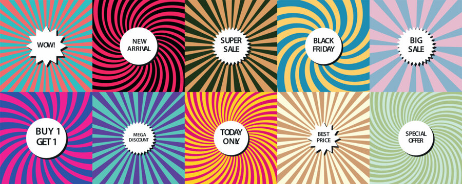 Colorful sale and discount banners with various patterns and text