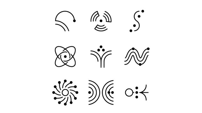 Wireless signal icons set with broadcast waves, WiFi symbols, and network connectivity pictograms in black line art