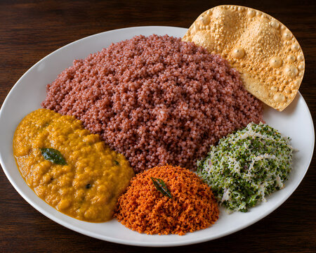Sri Lankan Red Rice with Dhal Curry, Coconut Sambol, Mallum, and Papadam on a Plate. Breakfast