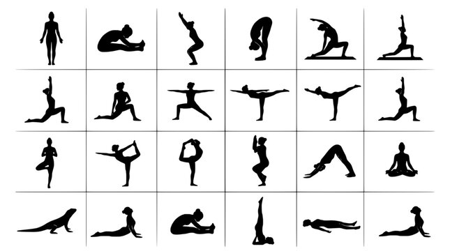 People yoga poses set with black silhouettes and various body positions on white background for fitness and wellness concepts.