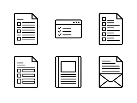 Checklist form and mail message line icons set. Questionnaire survey, webpage task list, layout profile and newsletter vector symbols design.