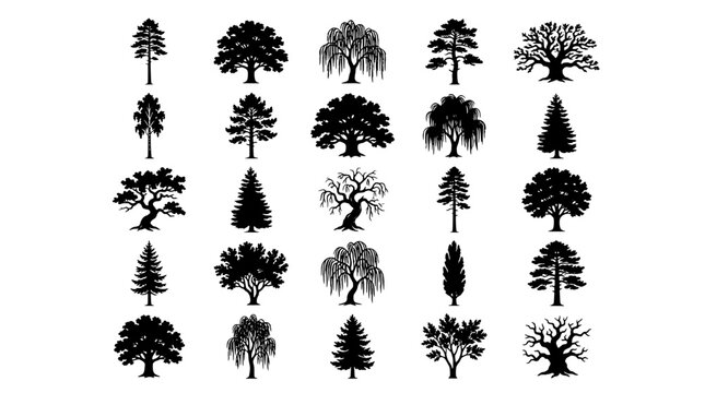 Trees forest icons set with diverse silhouettes, including deciduous and conifer shapes, line art for landscape design graphics