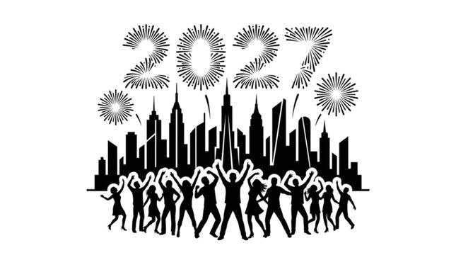 Black silhouette of people dancing in front of a city skyline with fireworks exploding above isolated on transparent background.