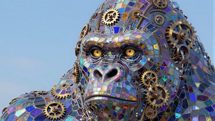 Naklejka premium Steampunk gorilla sculpture with mosaic gears and vibrant reflective