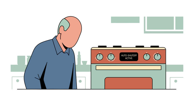 Man looking at kitchen stove oven.