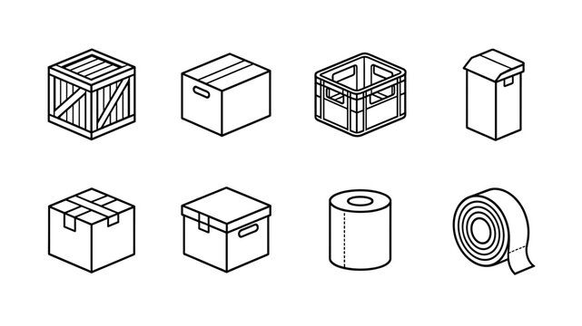 Logistics Packaging Materials and Shipping Boxes Isometric Icon Set, Wooden Crate, Cardboard Box, Plastic Crate, Tape Roll and Paper Towel