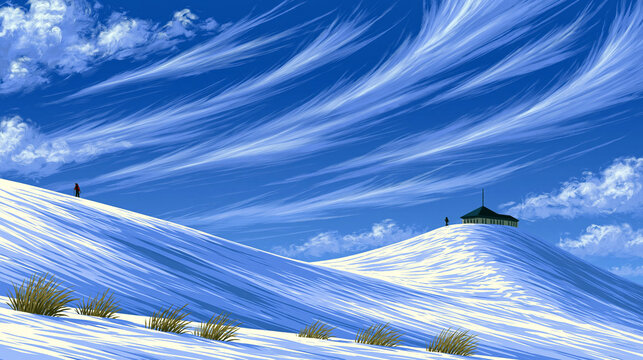Snowy rolling hills with dramatic streaky clouds in a winter sky, landscape