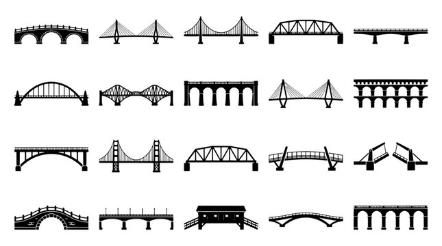 Bridge icons vector set showing different bridge types with arches, trusses, and cable spans for transport and city themes