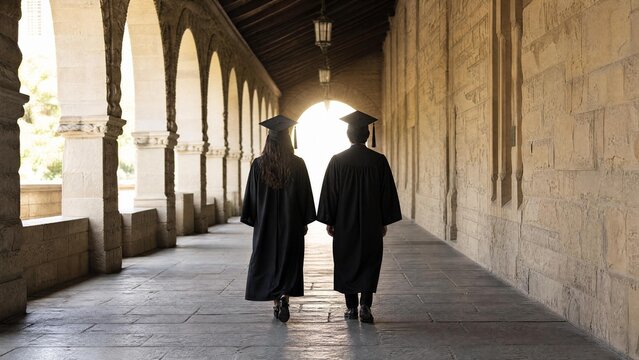 Back View of Two Graduates Walking Through Historic University Arches Towards Bright Future