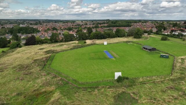 Aerial Drone View of Cricket Pitch and Sports Ground at Barton Seagrave Village in Northamptonshire