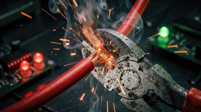 A close-up of pliers cutting a red wire, sparking and emitting smoke, set against a blurred electronic circuit board background.