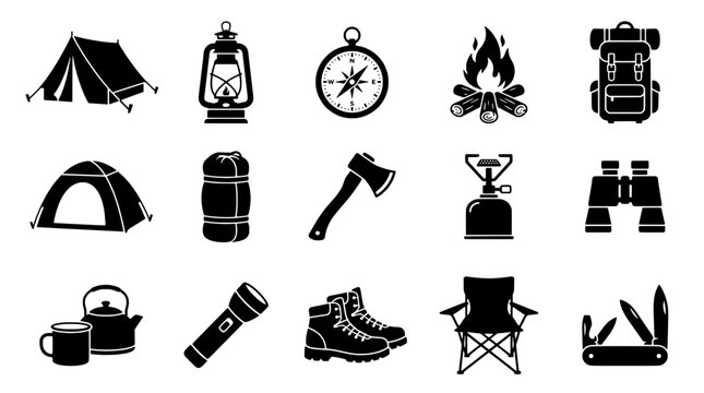 Camping icons set with tent, lantern, compass, fire, backpack, axe, sleeping bag, and hiking supplies pictograms