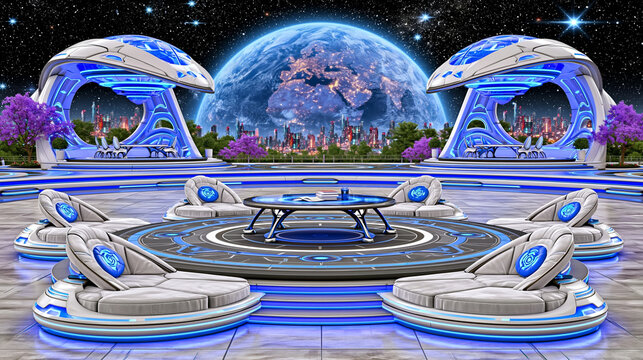 Futuristic alien lounge area with a planet in the background sci fi futuristic
