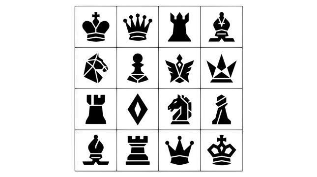 Chess piece icons grid with black silhouettes and crowns, bishops, rooks, and pawns in a clean monochrome vector layout