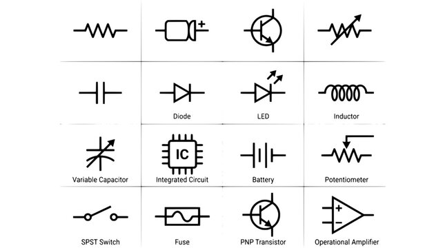 Electronics circuit symbols set with diodes, LEDs, capacitors, transistors, resistors and switches for schematic diagrams