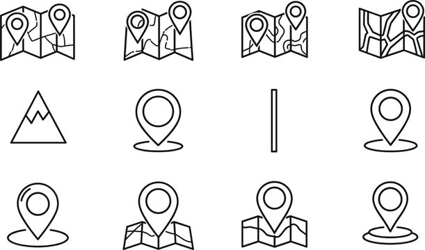 Map and Location Outline Icon Set Featuring Navigation Pins, Folded Maps, Mountain Symbols, and GPS Direction Vector Illustrations