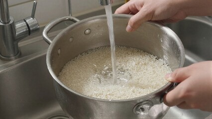 Fototapeta premium Rice being rinsed under running water in a metal pot at the sink.