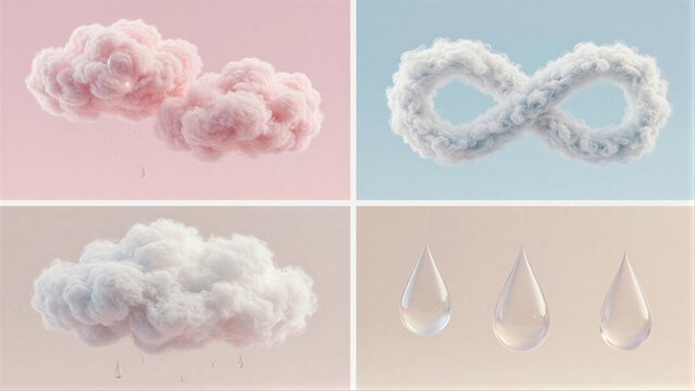 Soft clouds and delicate water droplets in pastel hues.