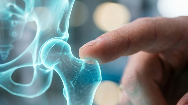 Digital medical illustration of a human hip joint with a hand interacting with the futuristic interface displaying the skeletal structure