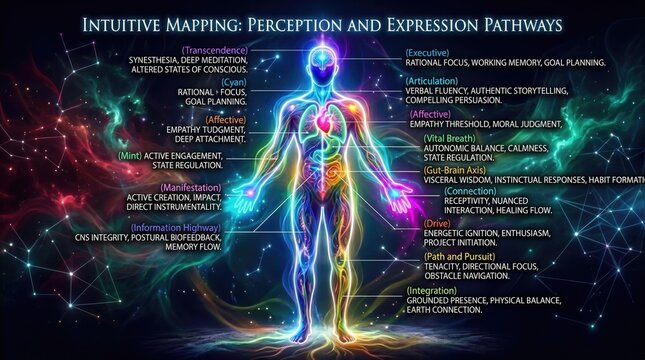A vibrant, colorful diagram illustrating intuitive mapping of perception and expression pathways within a human figure, highlighting mind and body connections.