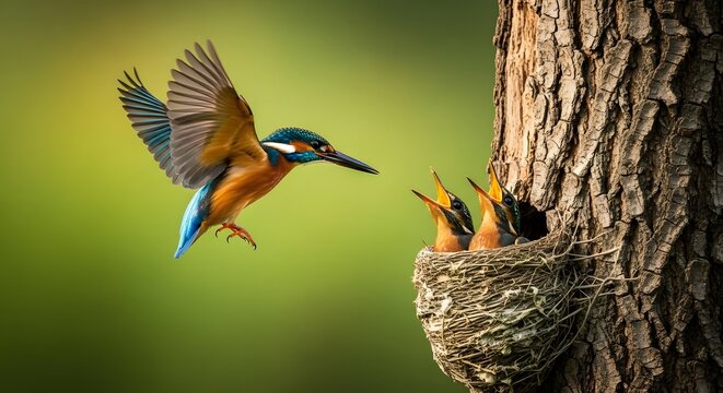 Blue and orange bird perched on tree bark