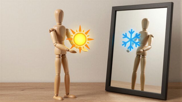 Wooden figure holds sun mirror reflects snowflakesymbolizing