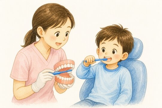 子供が歯科衛生士からブラッシング指導を受ける