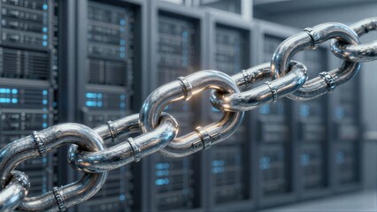 Naklejka premium Metal chain links in server room symbolizing secure data