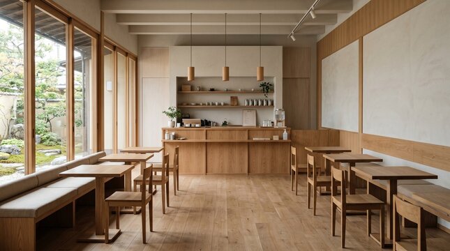 Minimalist Japanese Cafe Interior with Natural Light and Wooden Furniture